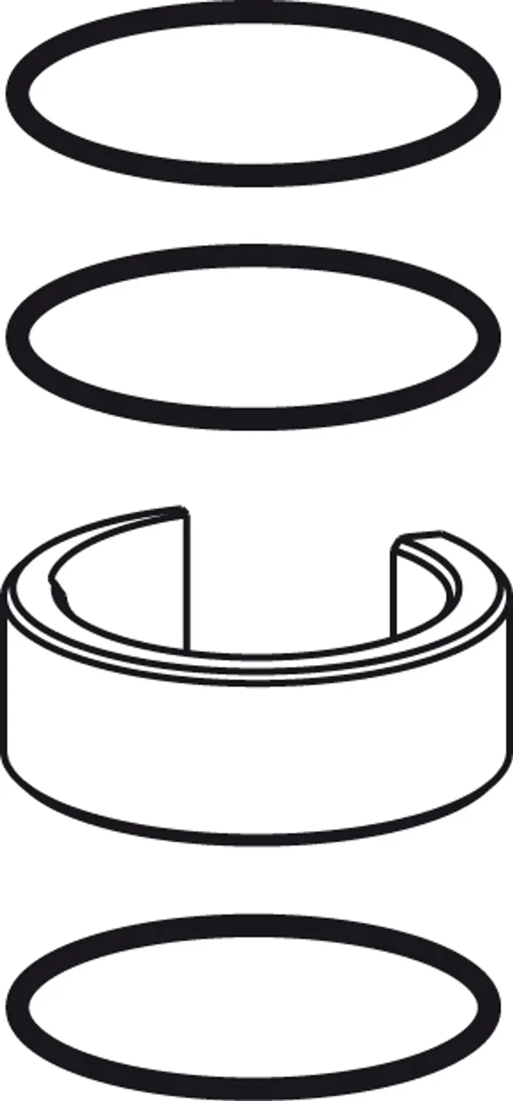 Illustration eines Reparatursets von Ideal Standard, bestehend aus mehreren ovalen Teilen und einem Teilen mit einer Schnittkante, das eine Montage oder Reparatur anzeigt.